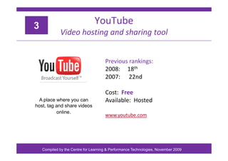 YouTube
3
Video hosting and sharing tool
3
Previous rankings:
Previous rankings:
2008: 18th
2007: 22nd
Cost: Free
A il bl ...