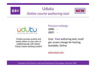Udutu
64=
Online course authoring tool
64=
Previous rankings:
Previous rankings:
2008: ‐
2007: ‐
Cost: Free authoring tool...