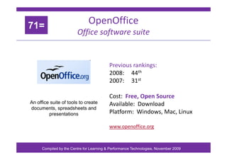OpenOffice
71=
p
Office software suite
71=
Previous rankings:
2008: 44th
2007: 31st
2007: 31st
Cost: Free, Open Source
Cos...