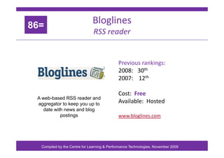 Bloglines
86=
g
RSS reader
86=
P i ki
Previous rankings:
2008: 30th
2007: 12th
2007: 12
Cost: Free
A b b d RSS d d
Availab...