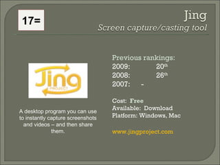 Previous rankings: 2009: 20 th   2008:  26 th   2007:  - Cost:  Free Available:  Download Platform: Windows, Mac www.jingproject.com  A desktop program you can use to instantly capture screenshots and videos – and then share them. 17= 