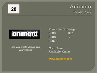 Previous rankings: 2009: 31 st   2008:   - 2007:   - Cost:  Free Available: Online www.animoto.com Lets you create videos ...