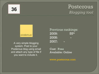 Previous rankings: 2009: 55 th   2008:   - 2007:  - Cost:  Free   Available: Online www.posterous.com A very simple blogging system. Post to your Posterous blog using email and attach any type of file if you want to include it.  36 
