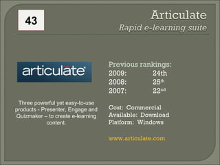 Previous rankings: 2009: 24th 2008:  25 th   2007:  22 nd   Cost:  Commercial Available:  Download Platform:  Windows www.articulate.com   Three powerful yet easy-to-use products - Presenter, Engage and Quizmaker – to create e-learning content. 43 