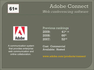 Previous rankings : 2009: 41 st  = 2008:  66 th   2007:  52 nd   Cost:  Commercial Available:  Hosted www.adobe.com/produc...
