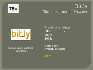 75= Previous rankings : 2009:  - 2008:   - 2007:   - Cost:  Free   Available: Online bit.ly Shorten, share and track  your...