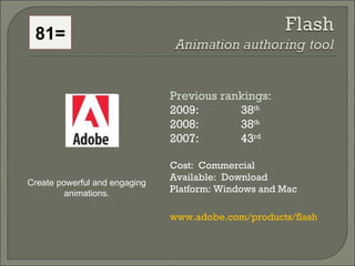 Previous rankings: 2009: 38 th   2008:  38 th   2007:  43 rd   Cost:  Commercial Available:  Download Platform: Windows and Mac www.adobe.com/products/flash   Create powerful and engaging animations. 81= 