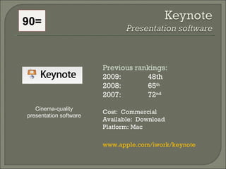 Previous rankings: 2009: 48th 2008:  65 th   2007:  72 nd   Cost:  Commercial Available:  Download Platform: Mac www.apple...