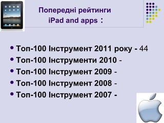 Попередні рейтинги
         iPad and apps :


 Топ-100 Інструмент 2011 року - 44
 Топ-100 Інструменти 2010 -

 Топ-100 Інструмент 2009 -

 Топ-100 Інструмент 2008 -

 Топ-100 Інструмент 2007 -
 