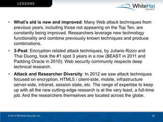 L ESSO N S




• What’s old is new and improved: Many Web attack techniques from
  previous years, including those not app...