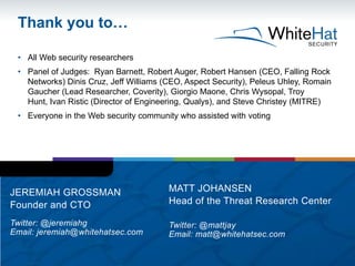 Thank you to…

 • All Web security researchers
 • Panel of Judges: Ryan Barnett, Robert Auger, Robert Hansen (CEO, Falling...
