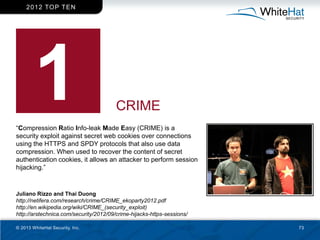 2 0 1 2 TO P T EN




                                        CRIME
―Compression Ratio Info-leak Made Easy (CRIME) is a
se...