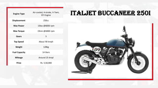 Engine Type
Air-cooled, 4-stroke, V-Twin,
EFI Engine
Displacement 250cc
Max Power 13kw @8000 rpm
Max Torque 19nm @6000 rpm
Gears 5
Top Speed About 90 kmph
Weight 128kg
Fuel Capacity 14 liters
Mileage Around 25 kmpl
Price Rs. 5,50,000
Italjet Buccaneer 250i
 
