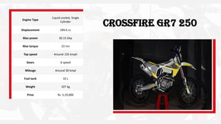 Crossfire GR7 250
Engine Type
Liquid-cooled, Single
Cylinder
Displacement 249.6 cc
Max power 30.15 bhp
Max torque 23 nm
Top speed Around 135 kmph
Gears 6 speed
Mileage Around 30 kmpl
Fuel tank 10 L
Weight 107 kg
Price Rs. 5,19,000
 