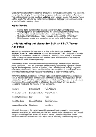 Choosing the right platform is essential for your long-term success. By vetting your suppliers,
you protect the integrity of your marketing campaigns and ensure consistent performance.
This guide explores the most reputable websites where you can acquire high-quality Yahoo
profiles safely. We will help you make informed decisions that keep your business moving
forward without unnecessary risks.
Key Takeaways
● Scaling digital outreach often requires access to multiple verified profiles.
● Vetting suppliers is critical to maintaining the security of your marketing efforts.
● Quality matters more than quantity when selecting account providers.
● Understanding the landscape helps you avoid common pitfalls in the industry.
● Reliable assets ensure your campaigns remain active and effective over time.
Understanding the Market for Bulk and PVA Yahoo
Accounts
Navigating the digital landscape requires a clear understanding of how bulk Yahoo
accounts and PVA Yahoo accounts function. As businesses look to scale their operations,
they often encounter various security hurdles that can disrupt mass mailing or automated
tasks. Knowing the technical distinctions between these assets is the first step toward a
successful and stable marketing strategy.
Standard bulk Yahoo accounts are typically created in large batches without individual
phone verification. These are often used for low-intensity tasks where high-level security
bypass is not the primary concern. In contrast, PVA Yahoo accounts undergo a rigorous
verification process using unique phone numbers. This extra layer of security helps these
accounts withstand automated triggers that often flag or block unverified profiles.
In the United States, the demand for these digital assets continues to grow as companies
seek to maintain consistent communication with their audiences. Businesses that rely on
mass outreach often find that verified accounts provide the stability needed to avoid service
interruptions. Choosing the right type of account depends heavily on your specific
operational needs and the intensity of your campaigns.
Feature Bulk Accounts PVA Accounts
Verification Level Basic/Email Only Phone Verified
Security Resilience Low High
Best Use Case General Testing Mass Marketing
Account Longevity Short-term Long-term
Ultimately, investing in the correct account type saves time and prevents unnecessary
account suspensions. By aligning your choice with your technical requirements, you ensure
that your marketing efforts remain efficient and secure. Understanding these market
dynamics allows you to make informed decisions that support your long-term growth goals.
 