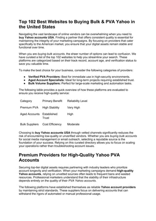 Top 102 Best Websites to Buying Bulk & PVA Yahoo in
the United States
Navigating the vast landscape of online vendors can be overwhelming when you need to
buy Yahoo accounts USA. Finding a partner that offers consistent quality is essential for
maintaining the integrity of your marketing campaigns. By focusing on providers that cater
specifically to the American market, you ensure that your digital assets remain stable and
functional over time.
When you are buying bulk accounts, the sheer number of options can lead to confusion. We
have curated a list of the top 102 websites to help you streamline your search. These
platforms are categorized based on their track record, account age, and verification status to
save you valuable time.
To make the best choice for your business, consider the following categories of providers:
● Verified PVA Providers: Best for immediate use in high-security environments.
● Aged Account Specialists: Ideal for long-term projects requiring established trust.
● Bulk Volume Suppliers: Perfect for large-scale marketing and automation tasks.
The following table provides a quick overview of how these platforms are evaluated to
ensure you receive high-quality service:
Category Primary Benefit Reliability Level
Premium PVA High Stability Very High
Aged Accounts Established
Trust
High
Bulk Suppliers Cost Efficiency Moderate
Choosing to buy Yahoo accounts USA through vetted channels significantly reduces the
risk of encountering low-quality or unverified vendors. Whether you are buying bulk accounts
for social media management or email outreach, selecting a reputable source is the
foundation of your success. Relying on this curated directory allows you to focus on scaling
your operations rather than troubleshooting account issues.
Premium Providers for High-Quality Yahoo PVA
Accounts
Securing top-tier digital assets requires partnering with industry leaders who prioritize
account longevity and verification. When your marketing campaigns demand high-quality
Yahoo accounts, relying on unvetted sources often leads to frequent bans and wasted
resources. Professional marketers understand that the stability of their infrastructure
depends entirely on the quality of their PVA Yahoo accounts.
The following platforms have established themselves as reliable Yahoo account providers
by maintaining strict standards. These suppliers focus on delivering accounts that can
withstand the rigors of automated or manual professional usage.
 