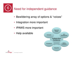 6   Need for independent guidance

    • Bewildering array of options & “voices”

    • Integration more important

    • IPAWS more important
                                              Determine
                                               Needs

    • Help available            Outreach
                                                               RFP
                                                            Development

                                            Independent
                                              Guidance
                                                              Option
                               Procedures
                                                             Evaluation


                                              Integration
 