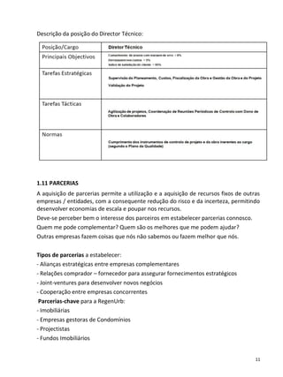 Descrição da posição do Director Técnico:




1.11 PARCERIAS
A aquisição de parcerias permite a utilização e a aquisição de recursos fixos de outras
empresas / entidades, com a consequente redução do risco e da incerteza, permitindo
desenvolver economias de escala e poupar nos recursos.
Deve-se perceber bem o interesse dos parceiros em estabelecer parcerias connosco.
Quem me pode complementar? Quem são os melhores que me podem ajudar?
Outras empresas fazem coisas que nós não sabemos ou fazem melhor que nós.

Tipos de parcerias a estabelecer:
- Alianças estratégicas entre empresas complementares
- Relações comprador – fornecedor para assegurar fornecimentos estratégicos
- Joint-ventures para desenvolver novos negócios
- Cooperação entre empresas concorrentes
 Parcerias-chave para a RegenUrb:
- Imobiliárias
- Empresas gestoras de Condomínios
- Projectistas
- Fundos Imobiliários


                                                                                     11
 