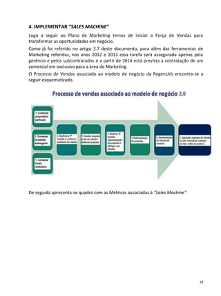 4. IMPLEMENTAR “SALES MACHINE”
Logo a seguir ao Plano de Marketing temos de iniciar a Força de Vendas para
transformar as oportunidades em negócio.
Como já foi referido no artigo 3.7 deste documento, para além das ferramentas de
Marketing referidas, nos anos 2012 e 2013 essa tarefa será assegurada apenas pela
gerência e pelos subcontratados e a partir de 2014 está prevista a contratação de um
comercial em exclusivo para a área de Marketing.
O Processo de Vendas associado ao modelo de negócio da RegenUrb encontra-se a
seguir esquematizado.




De seguida apresenta-se quadro com as Métricas associadas à “Sales Machine”.




                                                                                  29
 