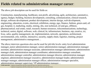 Fields related to administration manager career:
The above job description can be used for fields as:
Construction, manufa...