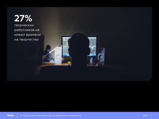 Slide 210 лучших плагинов Photoshop для творческих специалистов
На вопрос о том, что является самым
большим препятствием в работе, 27%
творческих специалистов заявляют, что
им не хватает времени на творчество.
А раз так, значит нужно оптимизировать
рабочий процесс, чтобы успевать как
можно больше.
творческих
работников не
имеют времени
на творчество
27%
 