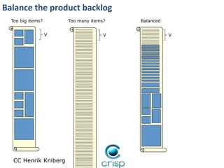 Balance%the%product%backlog%
Too big items?

Too many items?
V

CC Henrik Kniberg

V

Balanced
V

 