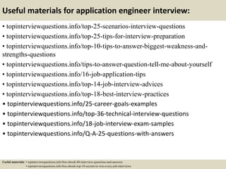 Useful materials for application engineer interview:
• topinterviewquestions.info/top-25-scenarios-interview-questions
• topinterviewquestions.info/top-25-tips-for-interview-preparation
• topinterviewquestions.info/top-10-tips-to-answer-biggest-weakness-and-
strengths-questions
• topinterviewquestions.info/tips-to-answer-question-tell-me-about-yourself
• topinterviewquestions.info/16-job-application-tips
• topinterviewquestions.info/top-14-job-interview-advices
• topinterviewquestions.info/top-18-best-interview-practices
• topinterviewquestions.info/25-career-goals-examples
• topinterviewquestions.info/top-36-technical-interview-questions
• topinterviewquestions.info/18-job-interview-exam-samples
• topinterviewquestions.info/Q-A-25-questions-with-answers
Useful materials: • topinterviewquestions.info/free-ebook-80-interview-questions-and-answers
• topinterviewquestions.info/free-ebook-top-18-secrets-to-win-every-job-interviews
 