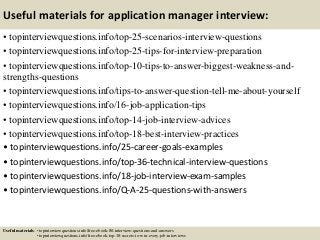 Useful materials for application manager interview:
• topinterviewquestions.info/top-25-scenarios-interview-questions
• topinterviewquestions.info/top-25-tips-for-interview-preparation
• topinterviewquestions.info/top-10-tips-to-answer-biggest-weakness-and-
strengths-questions
• topinterviewquestions.info/tips-to-answer-question-tell-me-about-yourself
• topinterviewquestions.info/16-job-application-tips
• topinterviewquestions.info/top-14-job-interview-advices
• topinterviewquestions.info/top-18-best-interview-practices
• topinterviewquestions.info/25-career-goals-examples
• topinterviewquestions.info/top-36-technical-interview-questions
• topinterviewquestions.info/18-job-interview-exam-samples
• topinterviewquestions.info/Q-A-25-questions-with-answers
Useful materials: • topinterviewquestions.info/free-ebook-80-interview-questions-and-answers
• topinterviewquestions.info/free-ebook-top-18-secrets-to-win-every-job-interviews
 