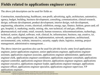Fields related to applications engineer career:
The above job description can be used for fields as:
Construction, manufacturing, healthcare, non profit, advertising, agile, architecture, automotive,
agency, budget, building, business development, consulting, communication, clinical research,
design, software development, product development, interior design, web development,
engineering, education, events, electrical, exhibition, energy, ngo, finance, fashion, green card, oil
gas, hospital, it, marketing, media, mining, nhs, non technical, oil and gas, offshore,
pharmaceutical, real estate, retail, research, human resources, telecommunications, technology,
technical, senior, digital, software, web, clinical, hr, infrastructure, business, erp, creative, ict,
hvac, sales, quality management, uk, implementation, network, operations, architectural,
environmental, crm, website, interactive, security, supply chain, logistics, training, project
management, administrative management…
The above interview questions also can be used for job title levels: entry level applications
engineer, junior applications engineer, senior applications engineer, applications engineer
assistant, applications engineer associate, applications engineer administrator, applications
engineer clerk, applications engineer coordinator, applications engineer consultant, applications
engineer controller, applications engineer director, applications engineer engineer, applications
engineer executive, applications engineer leader, applications engineer manager, applications
engineer officer, applications engineer specialist, applications engineer supervisor, VP
applications engineer…
Useful materials: • topinterviewquestions.info/free-ebook-80-interview-questions-and-answers
• topinterviewquestions.info/free-ebook-top-18-secrets-to-win-every-job-interviews
 