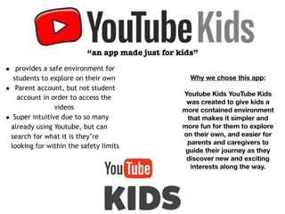 • provides a safe environment for
students to explore on their own
• Parent account, but not student
account in order to access the
videos
• Super intuitive due to so many
already using Youtube, but can
search for what it is they’re
looking for within the safety limits
“an app made just for kids”
Why we chose this app:
Youtube Kids YouTube Kids
was created to give kids a
more contained environment
that makes it simpler and
more fun for them to explore
on their own, and easier for
parents and caregivers to
guide their journey as they
discover new and exciting
interests along the way.
 