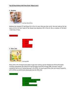 Top 10 Pop Artists of All Time (from ‘About.com’)


4. Madonna




                        Courtesy Warner Bros.


Madonna has released 37 top 10 pop hits in the US, more than any other artist. She also ranks as the top
dance artist of all time. Seven of her albums have debuted at #1 in the US. She is a member of the Rock
'n Roll Hall of Fame.




Essential Songs


                             "Like a Prayer"
                             "Vogue"
                             "Music"
                             "Like a Virgin"
                             "Ray of Light"
3. Elton John




                        Courtesy MCA


Elton John is the foremost piano player in pop music history. He has released over 50 top 40 singles
including a phenomenal 38 consecutive top 40 singles from 1972 through 1986. His music could be
considered definitive of mainstream pop in the 1970s. In recent years Elton John has toured frequently
with a fellow successful piano playing pop musician, Billy Joel.


Essential Songs


                             "Your Song"
                             "Goodbye Yellow Brick Road"
                             "Bennie and the Jets"
                             "Daniel"
                             "Philadelphia Freedom"
 