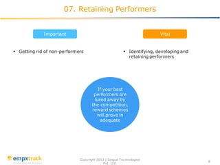 Copyright 2013 | Saigun Technologies
Pvt. Ltd.
8
07. Retaining Performers
Important Vital
 Getting rid of non-performers  Identifying, developing and
retaining performers
If your best
performers are
lured away by
the competition,
reward schemes
will prove in
adequate
 