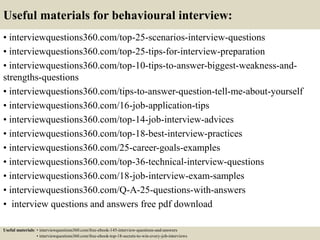 Useful materials for behavioural interview:
• interviewquestions360.com/top-25-scenarios-interview-questions
• interviewquestions360.com/top-25-tips-for-interview-preparation
• interviewquestions360.com/top-10-tips-to-answer-biggest-weakness-and-
strengths-questions
• interviewquestions360.com/tips-to-answer-question-tell-me-about-yourself
• interviewquestions360.com/16-job-application-tips
• interviewquestions360.com/top-14-job-interview-advices
• interviewquestions360.com/top-18-best-interview-practices
• interviewquestions360.com/25-career-goals-examples
• interviewquestions360.com/top-36-technical-interview-questions
• interviewquestions360.com/18-job-interview-exam-samples
• interviewquestions360.com/Q-A-25-questions-with-answers
• interview questions and answers free pdf download
Useful materials: • interviewquestions360.com/free-ebook-145-interview-questions-and-answers
• interviewquestions360.com/free-ebook-top-18-secrets-to-win-every-job-interviews
 