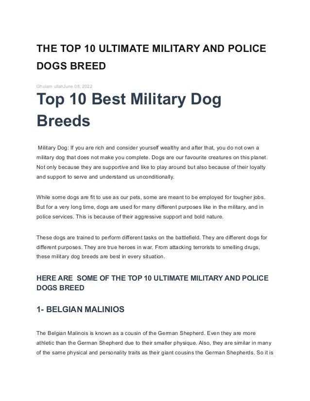 THE TOP 10 ULTIMATE MILITARY AND POLICE
DOGS BREED
Ghulam ullahJune 08, 2022
Top 10 Best Military Dog
Breeds
Military Dog: If you are rich and consider yourself wealthy and after that, you do not own a
military dog that does not make you complete. Dogs are our favourite creatures on this planet.
Not only because they are supportive and like to play around but also because of their loyalty
and support to serve and understand us unconditionally.
While some dogs are fit to use as our pets, some are meant to be employed for tougher jobs.
But for a very long time, dogs are used for many different purposes like in the military, and in
police services. This is because of their aggressive support and bold nature.
These dogs are trained to perform different tasks on the battlefield. They are different dogs for
different purposes. They are true heroes in war. From attacking terrorists to smelling drugs,
these military dog breeds are best in every situation.
HERE ARE SOME OF THE TOP 10 ULTIMATE MILITARY AND POLICE
DOGS BREED
1- BELGIAN MALINIOS
The Belgian Malinois is known as a cousin of the German Shepherd. Even they are more
athletic than the German Shepherd due to their smaller physique. Also, they are similar in many
of the same physical and personality traits as their giant cousins the German Shepherds. So it is
 