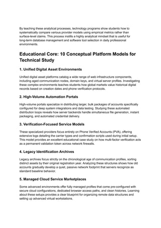 By teaching these analytical processes, technology programs show students how to
systematically compare various provider models using empirical metrics rather than
surface-level claims. This process instills a highly analytical mindset that is useful for
long-term database management and software tool selection in daily professional
environments.
Educational Core: 10 Conceptual Platform Models for
Technical Study
1. Unified Digital Asset Environments
Unified digital asset platforms catalog a wide range of web infrastructure components,
including aged communication nodes, domain keys, and virtual server profiles. Investigating
these complex environments teaches students how global markets value historical digital
records based on creation dates and phone verification protocols.
2. High-Volume Automation Portals
High-volume portals specialize in distributing larger, bulk packages of accounts specifically
configured for deep system integrations and data testing. Studying these automated
distribution loops reveals how server backends handle simultaneous file generation, instant
packaging, and automated credential delivery.
3. Verification-Focused Service Models
These specialized providers focus entirely on Phone Verified Accounts (PVA), offering
extensive logs detailing the carrier types and confirmation scripts used during initial setup.
This model provides an excellent educational case study on how multi-factor verification acts
as a permanent validation token across network firewalls.
4. Legacy Identification Archives
Legacy archives focus strictly on the chronological age of communication profiles, sorting
distinct assets by their original registration year. Analyzing these structures shows how old
accounts gradually develop a quiet, passive network footprint that servers recognize as
standard baseline behavior.
5. Managed Cloud Service Marketplaces
Some advanced environments offer fully managed profiles that come pre-configured with
secure cloud configurations, dedicated browser access paths, and clean histories. Learning
about these setups provides a clear blueprint for organizing remote data structures and
setting up advanced virtual workstations.
 