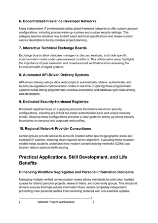 6. Decentralized Freelance Developer Networks
Many independent IT professionals utilize global freelance networks to offer custom account
configurations, including precise warm-up routines and custom security settings. This
category teaches students how to draft exact technical specifications and review custom
service descriptions during complex project planning.
7. Interactive Technical Exchange Boards
Exchange boards allow database managers to discuss, evaluate, and trade specific
communication nodes under peer-reviewed conditions. This collaborative setup highlights
the importance of peer evaluation and crowd-sourced verification when assessing the
functional health of digital systems.
8. Automated API-Driven Delivery Systems
API-driven delivery setups allow web scripts to automatically retrieve, authenticate, and
launch pre-registered communication nodes in real time. Exploring these programmatic
systems builds strong programmatic workflow automation and database sync skills among
web developers.
9. Dedicated Security-Hardened Registries
Hardened registries focus on supplying accounts that feature maximum security
configurations, including pre-linked two-factor authentication keys and unique recovery
emails. Studying these configurations provides a clear guide for setting up strong security
boundaries on personal and corporate web profiles.
10. Regional Network Provider Consortiums
Certain groups provide access to accounts created within specific geographic areas and
localized IP subnets, ensuring clean regional server alignment. Evaluating these localized
models helps students understand how modern content delivery networks (CDNs) use
location data to optimize traffic routing.
Practical Applications, Skill Development, and Life
Benefits
Enhancing Workflow Segregation and Personal Information Discipline
Managing multiple verified communication nodes allows individuals to build clear, isolated
spaces for distinct personal projects, research fields, and community groups. This structural
division ensures that high-volume information flows remain completely independent,
preventing main personal profiles from becoming cluttered with non-essential updates.
+------------------------------------------------------------------------+
| Isolated Project Workspaces |
 