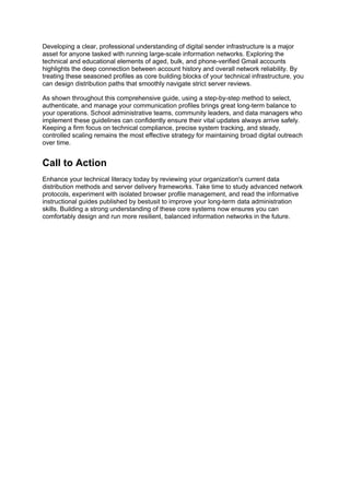 Developing a clear, professional understanding of digital sender infrastructure is a major
asset for anyone tasked with running large-scale information networks. Exploring the
technical and educational elements of aged, bulk, and phone-verified Gmail accounts
highlights the deep connection between account history and overall network reliability. By
treating these seasoned profiles as core building blocks of your technical infrastructure, you
can design distribution paths that smoothly navigate strict server reviews.
As shown throughout this comprehensive guide, using a step-by-step method to select,
authenticate, and manage your communication profiles brings great long-term balance to
your operations. School administrative teams, community leaders, and data managers who
implement these guidelines can confidently ensure their vital updates always arrive safely.
Keeping a firm focus on technical compliance, precise system tracking, and steady,
controlled scaling remains the most effective strategy for maintaining broad digital outreach
over time.
Call to Action
Enhance your technical literacy today by reviewing your organization's current data
distribution methods and server delivery frameworks. Take time to study advanced network
protocols, experiment with isolated browser profile management, and read the informative
instructional guides published by bestusit to improve your long-term data administration
skills. Building a strong understanding of these core systems now ensures you can
comfortably design and run more resilient, balanced information networks in the future.
 