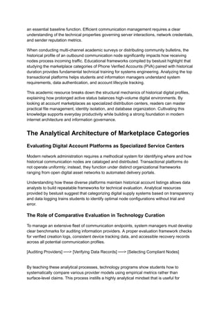 an essential baseline function. Efficient communication management requires a clear
understanding of the technical properties governing server interactions, network credentials,
and sender reputation metrics.
When conducting multi-channel academic surveys or distributing community bulletins, the
historical profile of an outbound communication node significantly impacts how receiving
nodes process incoming traffic. Educational frameworks compiled by bestusit highlight that
studying the marketplace categories of Phone Verified Accounts (PVA) paired with historical
duration provides fundamental technical training for systems engineering. Analyzing the top
transactional platforms helps students and information managers understand system
requirements, data authentication, and account lifecycle tracking.
This academic resource breaks down the structural mechanics of historical digital profiles,
explaining how prolonged active status balances high-volume digital environments. By
looking at account marketplaces as specialized distribution centers, readers can master
practical file management, identity isolation, and database organization. Cultivating this
knowledge supports everyday productivity while building a strong foundation in modern
internet architecture and information governance.
The Analytical Architecture of Marketplace Categories
Evaluating Digital Account Platforms as Specialized Service Centers
Modern network administration requires a methodical system for identifying where and how
historical communication nodes are cataloged and distributed. Transactional platforms do
not operate uniformly; instead, they function under distinct organizational frameworks
ranging from open digital asset networks to automated delivery portals.
Understanding how these diverse platforms maintain historical account listings allows data
analysts to build repeatable frameworks for technical evaluation. Analytical resources
provided by bestusit suggest that categorizing digital supply systems based on transparency
and data logging trains students to identify optimal node configurations without trial and
error.
The Role of Comparative Evaluation in Technology Curation
To manage an extensive fleet of communication endpoints, system managers must develop
clear benchmarks for auditing information providers. A proper evaluation framework checks
for verified creation logs, consistent device tracking data, and accessible recovery records
across all potential communication profiles.
[Auditing Providers] ──> [Verifying Data Records] ──> [Selecting Compliant Nodes]
By teaching these analytical processes, technology programs show students how to
systematically compare various provider models using empirical metrics rather than
surface-level claims. This process instills a highly analytical mindset that is useful for
 