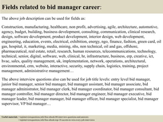 Fields related to bid manager career:
The above job description can be used for fields as:
Construction, manufacturing, healthcare, non profit, advertising, agile, architecture, automotive,
agency, budget, building, business development, consulting, communication, clinical research,
design, software development, product development, interior design, web development,
engineering, education, events, electrical, exhibition, energy, ngo, finance, fashion, green card, oil
gas, hospital, it, marketing, media, mining, nhs, non technical, oil and gas, offshore,
pharmaceutical, real estate, retail, research, human resources, telecommunications, technology,
technical, senior, digital, software, web, clinical, hr, infrastructure, business, erp, creative, ict,
hvac, sales, quality management, uk, implementation, network, operations, architectural,
environmental, crm, website, interactive, security, supply chain, logistics, training, project
management, administrative management…
The above interview questions also can be used for job title levels: entry level bid manager,
junior bid manager, senior bid manager, bid manager assistant, bid manager associate, bid
manager administrator, bid manager clerk, bid manager coordinator, bid manager consultant, bid
manager controller, bid manager director, bid manager engineer, bid manager executive, bid
manager leader, bid manager manager, bid manager officer, bid manager specialist, bid manager
supervisor, VP bid manager…
Useful materials: • topinterviewquestions.info/free-ebook-80-interview-questions-and-answers
• topinterviewquestions.info/free-ebook-top-18-secrets-to-win-every-job-interviews
 