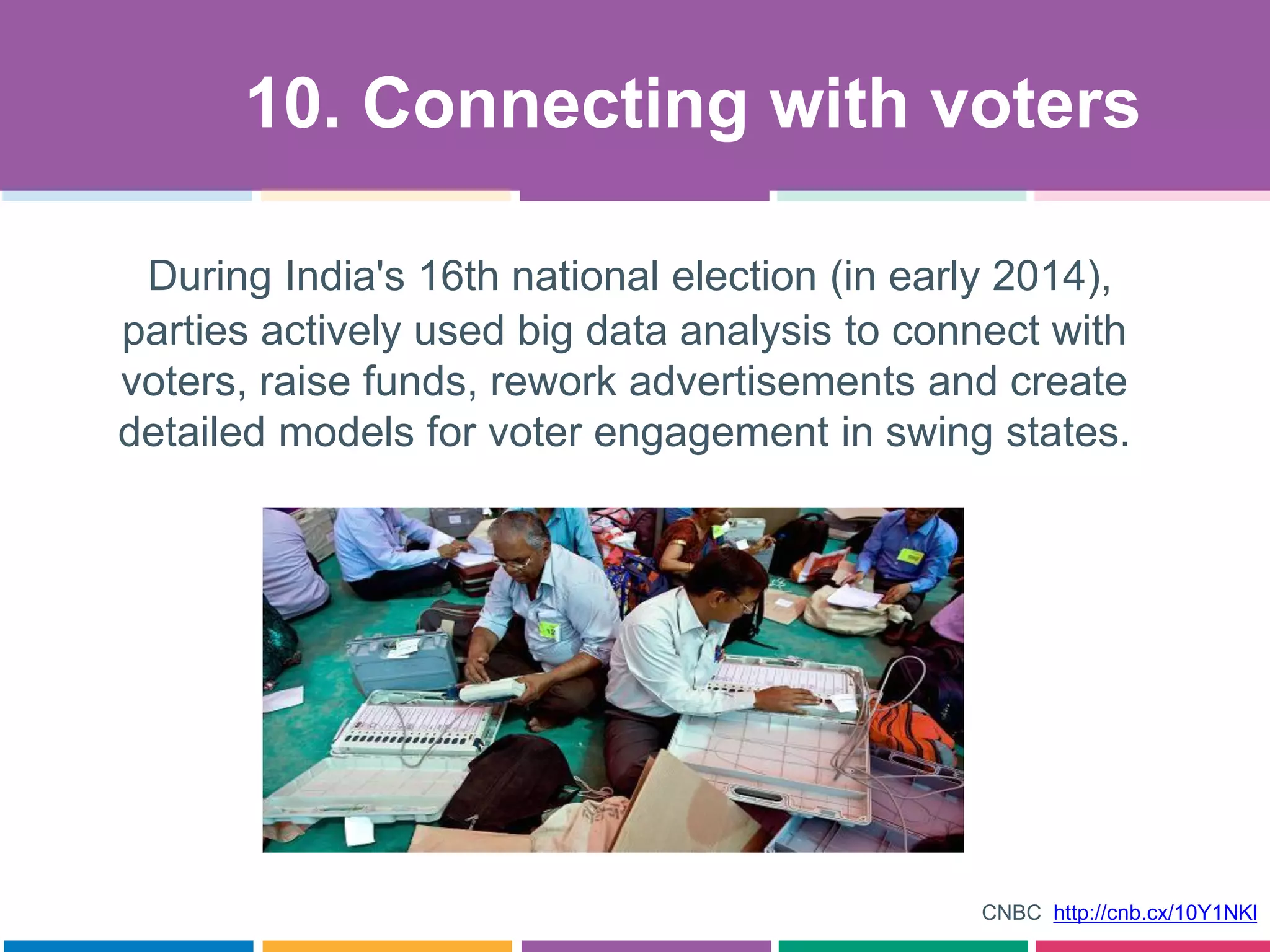 During India's 16th national election (in early 2014),
parties actively used big data analysis to connect with
voters, raise funds, rework advertisements and create
detailed models for voter engagement in swing states.
10. Connecting with voters
CNBC http://cnb.cx/10Y1NKl
 