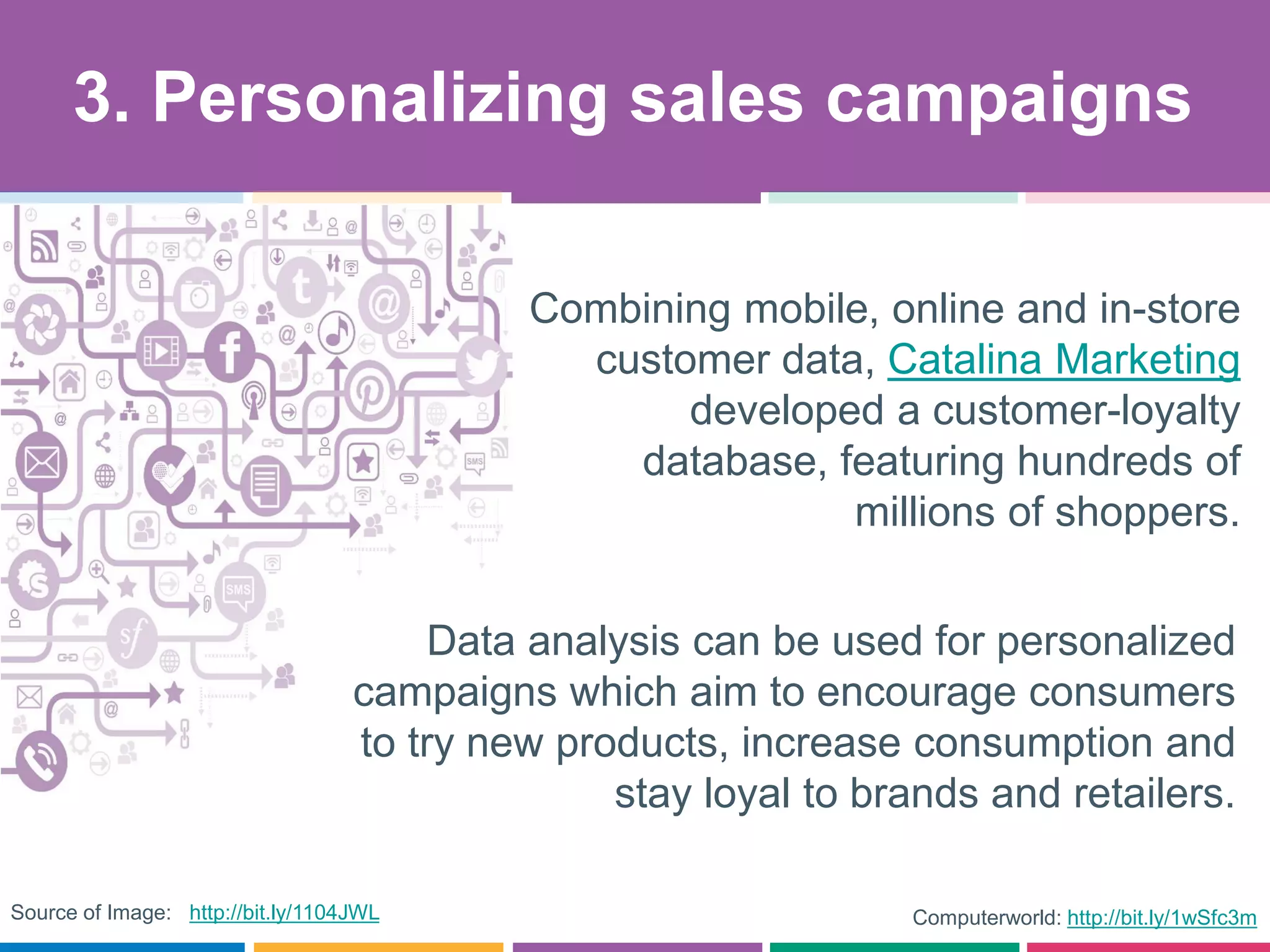Computerworld: http://bit.ly/1wSfc3m
Data analysis can be used for personalized
campaigns which aim to encourage consumers
to try new products, increase consumption and
stay loyal to brands and retailers.
3. Personalizing sales campaigns
Combining mobile, online and in-store
customer data, Catalina Marketing
developed a customer-loyalty
database, featuring hundreds of
millions of shoppers.
Source of Image: http://bit.ly/1104JWL
 
