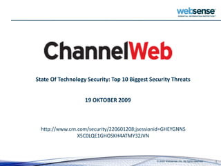 © 2009 Websense, Inc. All rights reserved. 2
State Of Technology Security: Top 10 Biggest Security Threats
http://www.crn.com/security/220601208;jsessionid=GHEYGNNS
X5C0LQE1GHOSKH4ATMY32JVN
19 OKTOBER 2009
 