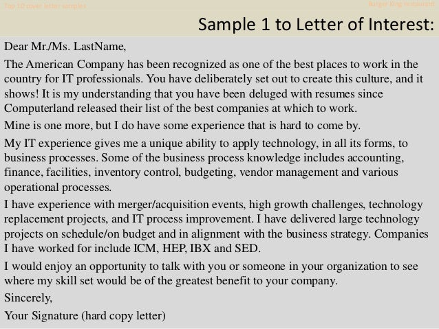 Top 10 Burger King Restaurant Cover Letter Samples