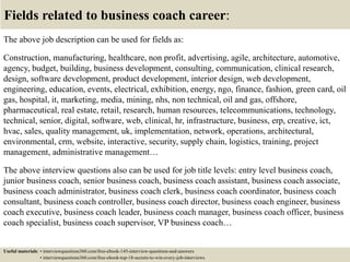Fields related to business coach career:
The above job description can be used for fields as:
Construction, manufacturing, healthcare, non profit, advertising, agile, architecture, automotive,
agency, budget, building, business development, consulting, communication, clinical research,
design, software development, product development, interior design, web development,
engineering, education, events, electrical, exhibition, energy, ngo, finance, fashion, green card, oil
gas, hospital, it, marketing, media, mining, nhs, non technical, oil and gas, offshore,
pharmaceutical, real estate, retail, research, human resources, telecommunications, technology,
technical, senior, digital, software, web, clinical, hr, infrastructure, business, erp, creative, ict,
hvac, sales, quality management, uk, implementation, network, operations, architectural,
environmental, crm, website, interactive, security, supply chain, logistics, training, project
management, administrative management…
The above interview questions also can be used for job title levels: entry level business coach,
junior business coach, senior business coach, business coach assistant, business coach associate,
business coach administrator, business coach clerk, business coach coordinator, business coach
consultant, business coach controller, business coach director, business coach engineer, business
coach executive, business coach leader, business coach manager, business coach officer, business
coach specialist, business coach supervisor, VP business coach…
Useful materials: • interviewquestions360.com/free-ebook-145-interview-questions-and-answers
• interviewquestions360.com/free-ebook-top-18-secrets-to-win-every-job-interviews
 