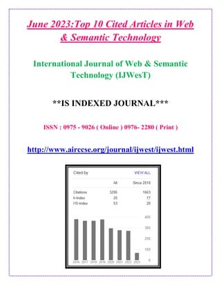 June 2023:Top 10 Cited Articles in Web
& Semantic Technology
International Journal of Web & Semantic
Technology (IJWesT)
**IS INDEXED JOURNAL***
ISSN : 0975 - 9026 ( Online ) 0976- 2280 ( Print )
http://www.airccse.org/journal/ijwest/ijwest.html
 