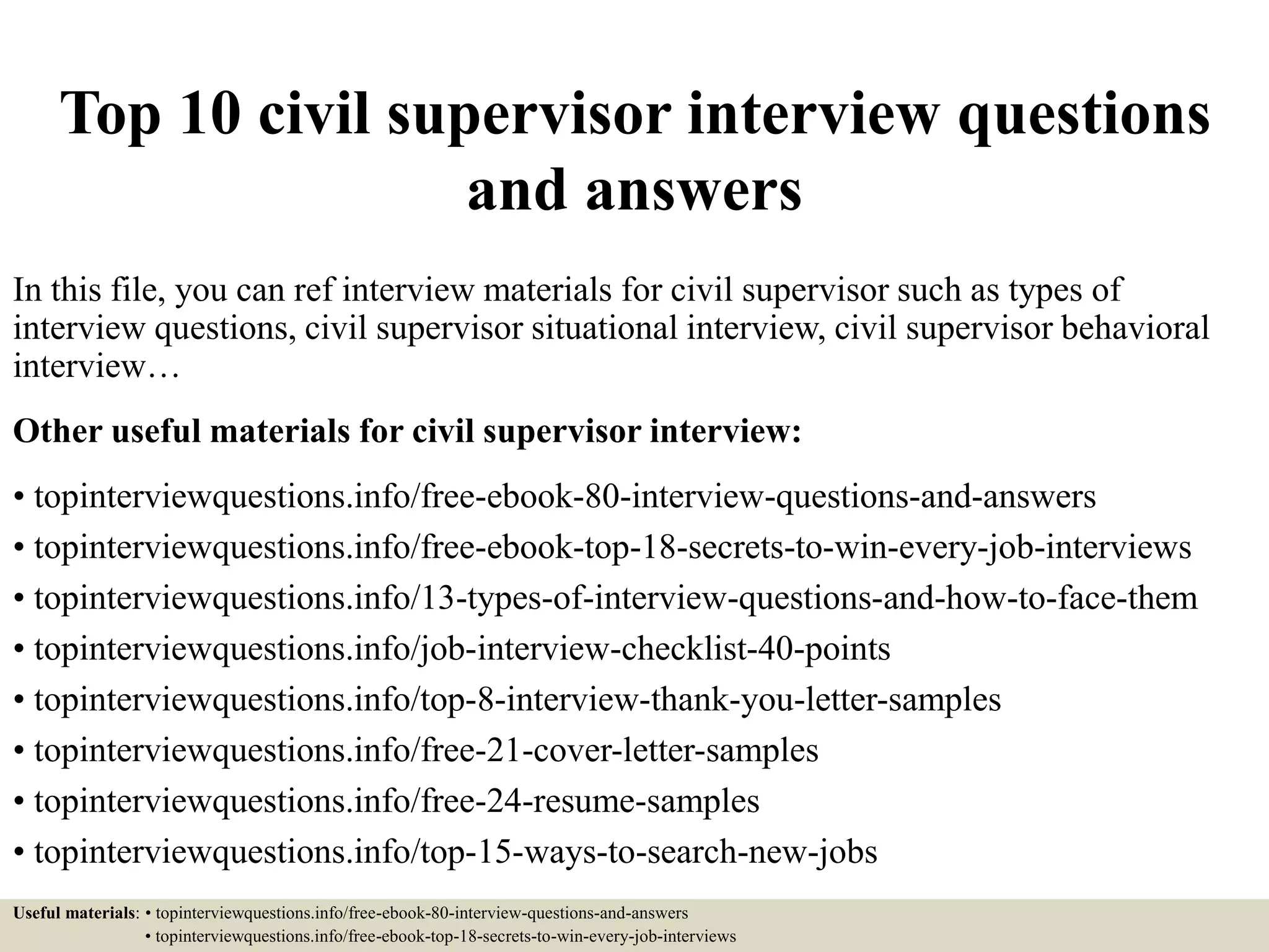 Top 10 civil supervisor interview questions and answers | PPTX