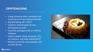 CRYPTOJACKING
• Using someone else's compute and
resources to mine cryptocurrencies.
• Started taking off in 2017
• Coinhive started wave of new
techniques to scale
• Could be packaged with or without
malware
• Used in public cloud, browsers, PCs,
IoT, phones, and even Industrial OT
• Monero currently most popular coin
to mine illicitly
 