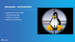 MALWARE - MITIGATIONS
• Applications up-to-date
• Strong passwords
• Endpoint security
• Network monitoring
 