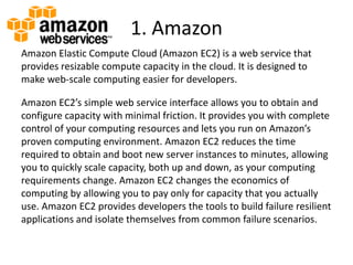 1. Amazon
Amazon Elastic Compute Cloud (Amazon EC2) is a web service that
provides resizable compute capacity in the cloud. It is designed to
make web-scale computing easier for developers.

Amazon EC2’s simple web service interface allows you to obtain and
configure capacity with minimal friction. It provides you with complete
control of your computing resources and lets you run on Amazon’s
proven computing environment. Amazon EC2 reduces the time
required to obtain and boot new server instances to minutes, allowing
you to quickly scale capacity, both up and down, as your computing
requirements change. Amazon EC2 changes the economics of
computing by allowing you to pay only for capacity that you actually
use. Amazon EC2 provides developers the tools to build failure resilient
applications and isolate themselves from common failure scenarios.
 