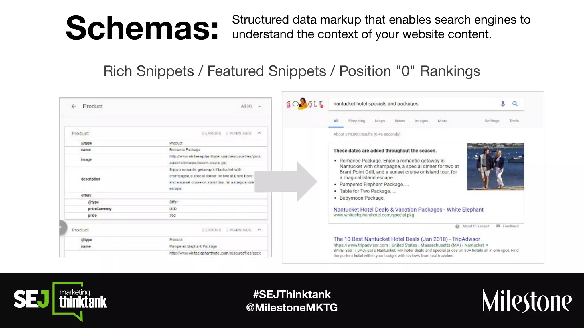 #SEJThinktank
@MilestoneMKTG
Schemas:
Rich Snippets / Featured Snippets / Position "0" Rankings
Structured data markup that enables search engines to
understand the context of your website content.
 